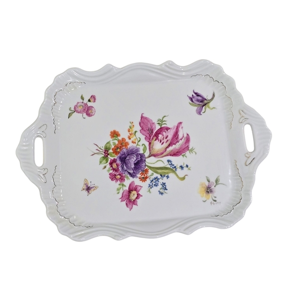 Hand-Painted Floral Porcelain Serving Tray with Handles – Signed Liz 1999 - Picture 2 of 7
